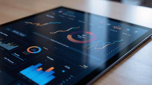 企业数据分析仪表盘界面,显示多个图表和数据指标,现代化设计风格